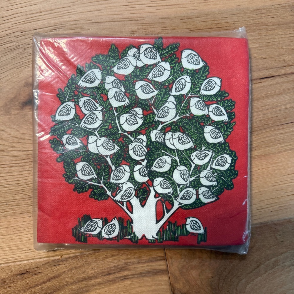Gift Givers Cost Plus Cocktail Napkins 5x5 Red Vintage Birds in Tree 25 Count